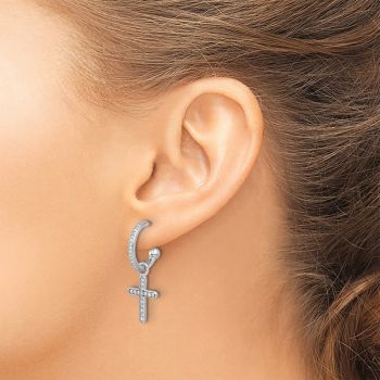 Silver CZ Dangle C-Hoop Cross Earrings 4