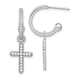 Silver CZ Dangle C-Hoop Cross Earrings