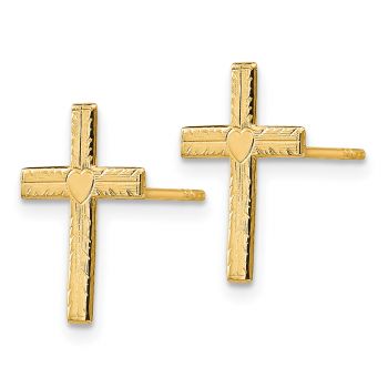 14K Gold Engraved Heart Cross Earrings 2