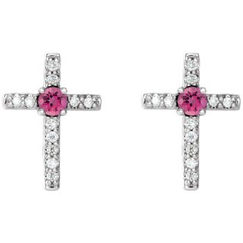Pink Tourmaline and Diamond Cross Earrings in 14K White Gold 2