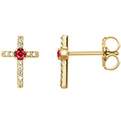 Red Ruby and Diamond Cross Earrings in 14K Gold