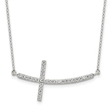 Large Silver CZ Sideways Cross Necklace