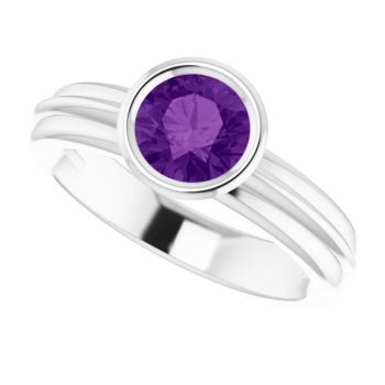 Bezel Amethyst Solitaire Ring in 14K White Gold 5