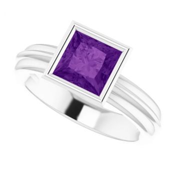 Bezel Princess-Cut Amethyst Solitaire Ring in 14K White Gold 5