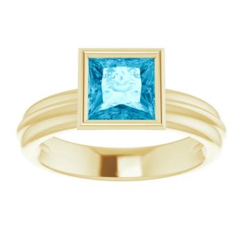 Bezel Princess-Cut Aquamarine Solitaire Ring in 14K Gold 3