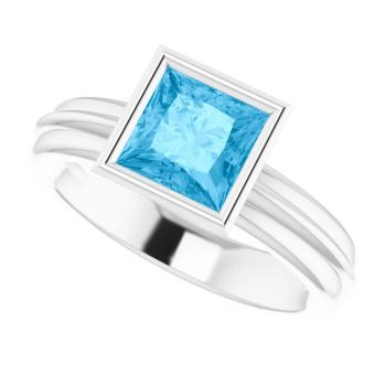 14K White Gold Bezel Princess-Cut Swiss Blue Topaz Solitaire Ring 5