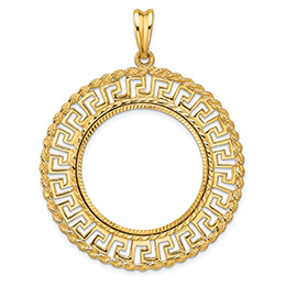 14K Gold Greek Key Bezel Pendant w/ Rope Border for 1/2 Oz American Eagle Coin
