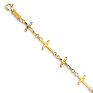 14K Gold Polished and Diamond-Cut Cross Bracelet with Extender
