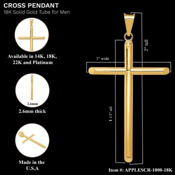 18K Solid Gold Men's Tube Cross Pendant 2