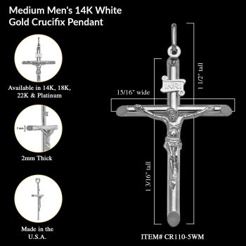 Medium 14K Solid White Gold Crucifix Pendant for Men 2