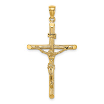 Detailed Wood Textured INRI Crucifix Pendant in 14K Gold