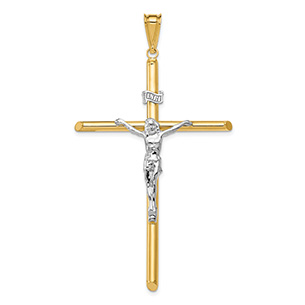 Extra-Large INRI Polished Tube Crucifix Pendant in 14K Two-Tone Gold