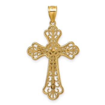 14K Gold Fleur de Lis Filigree Crucifix Pendant 3