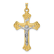 Fleur de Lis INRI Crucifix Pendant in 14K Two-Tone Gold