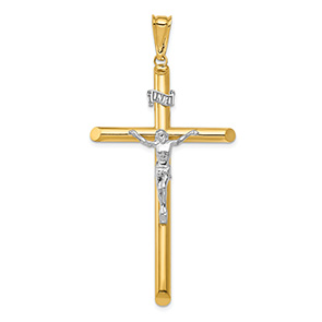 Large 14K Two-Tone Gold INRI Polished Tube Crucifix Pendant