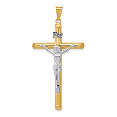 Large INRI Polished Tube Crucifix Pendant in 14K Two-Tone Gold