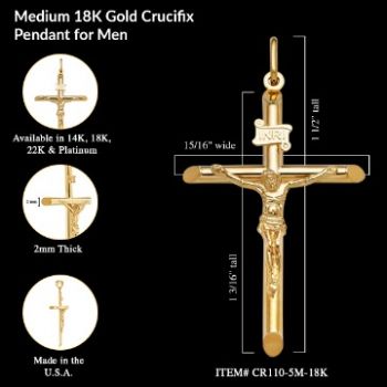 Men's Medium 18K Solid Gold Crucifix Pendant 2