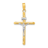 Medium Textured INRI Crucifix Tube Pendant in 14K Two-Tone Gold