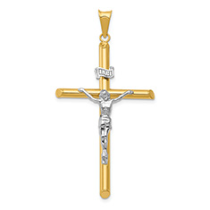Men's 14K Two-Tone Gold INRI Polished Tube Crucifix Pendant