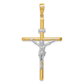 Men's Large INRI Polished Tube Crucifix Pendant in 14K Two-Tone Gold