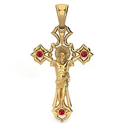 Savior's Redemption Large Ruby Crucifix Pendant in 14K Gold