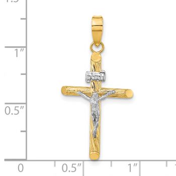 Small 14K Two-Tone Gold Textured INRI Crucifix Tube Pendant 4