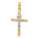 Small 14K Two-Tone Gold Textured INRI Crucifix Tube Pendant