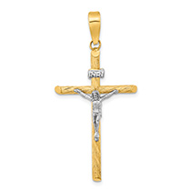 14K Two-Tone Gold Textured INRI Crucifix Tube Pendant