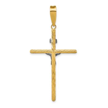 14K Two-Tone Gold Wooden Textured INRI Crucifix Pendant 3