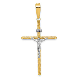 14K Two-Tone Gold Wooden Textured INRI Crucifix Pendant