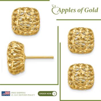 Italian Puffed Filigree Square Post Earrings in 14K Gold 2