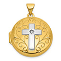 14K Gold Two-Tone Round Diamond Cross Locket Pendant