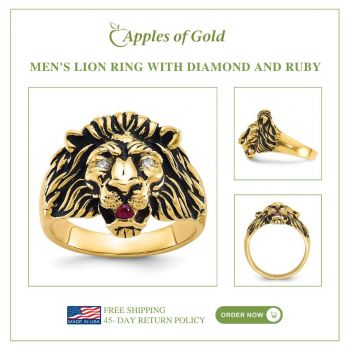 Antiqued 14K Gold Men's Lion Ring with Diamond and Ruby 5