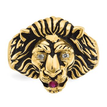 Antiqued 14K Gold Men's Lion Ring with Diamond and Ruby 2