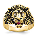 Antiqued 14K Gold Men's Lion Ring with Diamond and Ruby