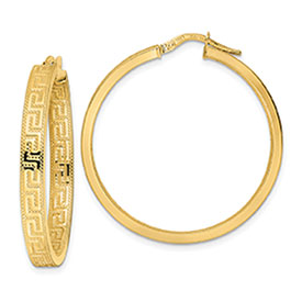 Italian 1 3/8" Greek Key Hoop Earrings in 14K Gold