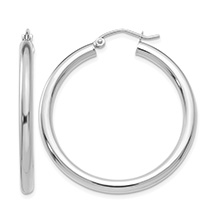 1 3/8" Plain Polished Hoop Earrings in 14K White Gold, 3mm Thick
