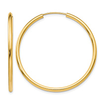 1 9/16" 14K Gold Endless Hoop Earrings, 2mm Thick