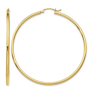 Large 2 3/16" Hoop Earrings with Clasp in 14K Gold, 2mm Thick