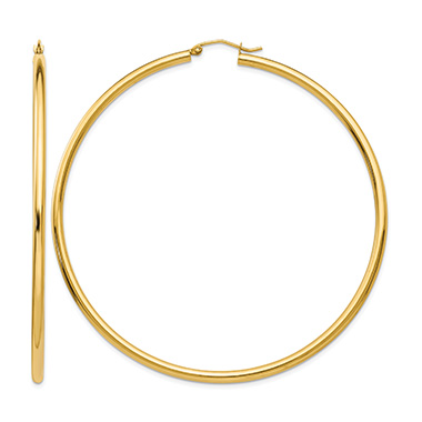 XL 2 3/4 Inch 14K Gold Hinged Hoop Earrings, 2.5mm Thick