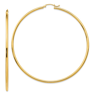 Extra Large 2 3/4 Inch 14K Gold Polished Hoop Earrings, 2mm Thick
