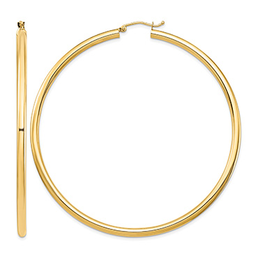 Extra Large 2 3/4 Inch Lightweight Hoop Earrings in 14K Gold, 4mm Thick