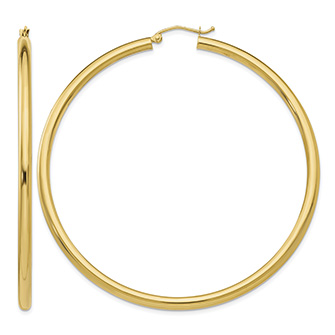 Extra Large 2 9/16" 14K Gold Plain Hoop Earrings, 3mm Thick