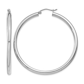 2 Inch 14K White Gold Hinged Hoop Earrings, 3mm Thick