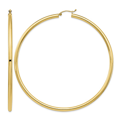 Extra Extra Large 3 3/16" Polished Hoop Earrings in 14K Gold, 3mm Thick