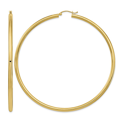 XXL Extra Large 3 3/16" 14K Gold Lightweight Hoop Earrings, 3mm Thick