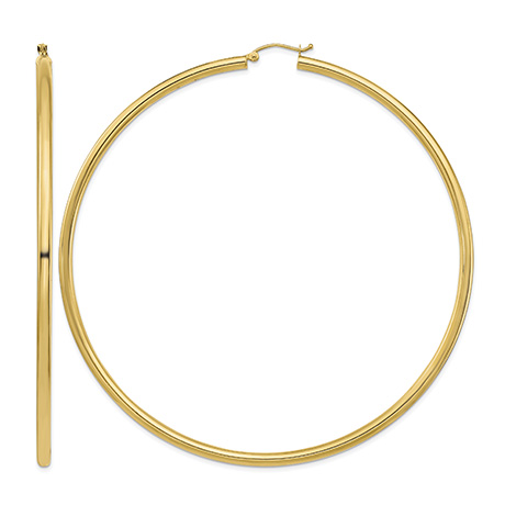 XXXL Extra Large 3 9/16 Inch 14K Gold Hinged Hoop Earrings, 3mm Thick
