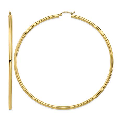 Extra Extra Large 3 9/16 Inch Lightweight Hoop Earrings in 14K Gold, 3mm Thick
