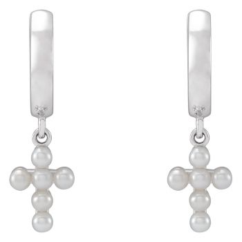 14K White Gold Cultured Pearl Cross Earrings 2