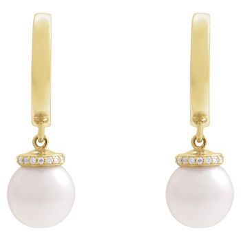 Cultured White Akoya Pearl Diamond Drop Hoop Earrings in 14K Gold 2